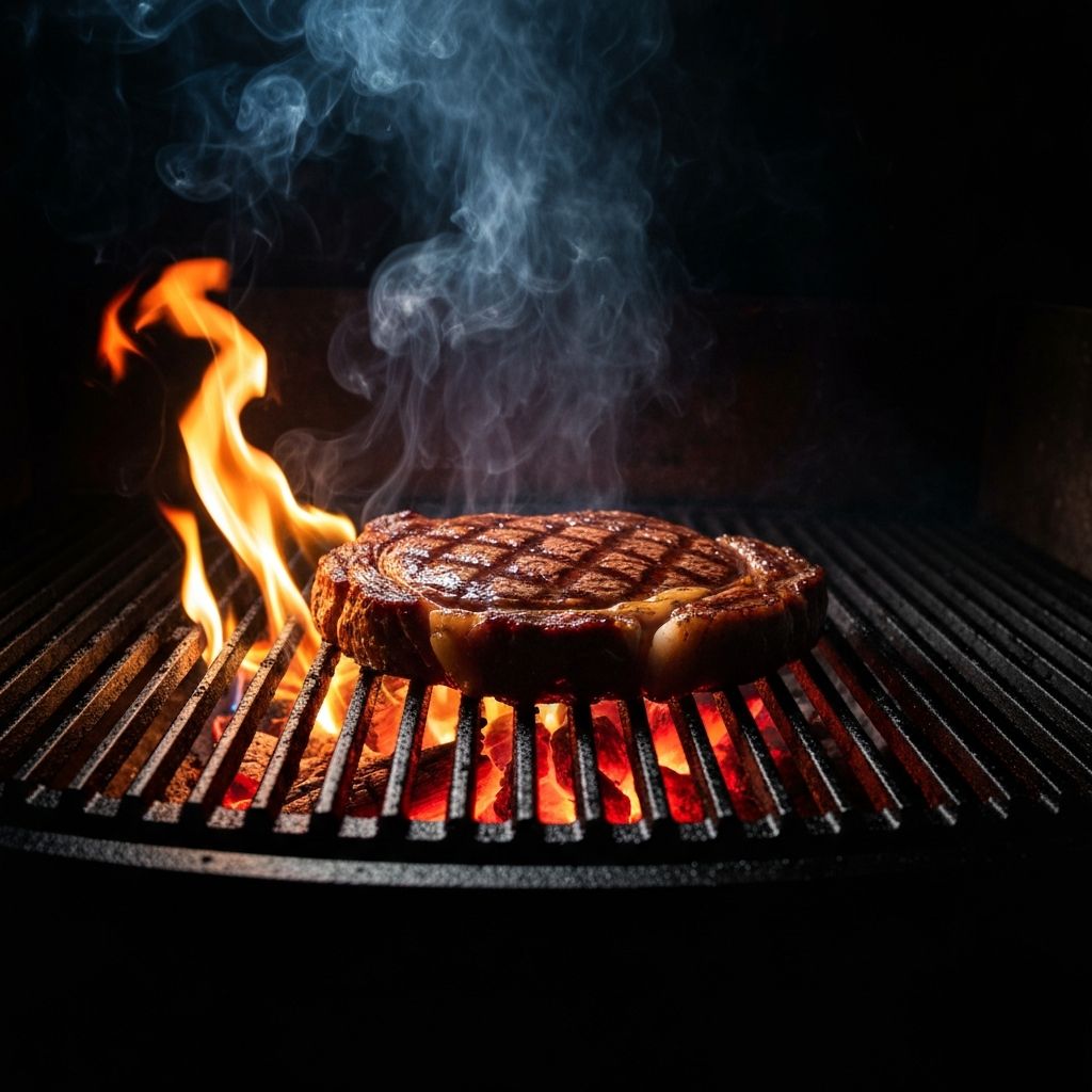 Perfectly grilled ribeye steak on hot grill with glowing embers